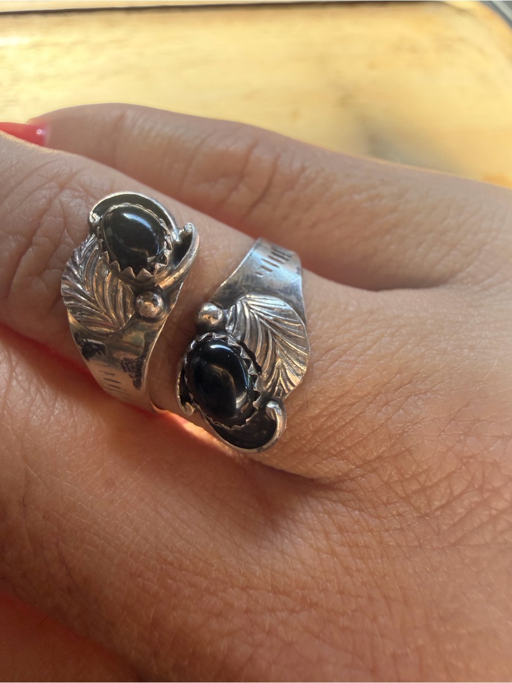 Sterling Silver Black Onyx Leaf Wrap Ring